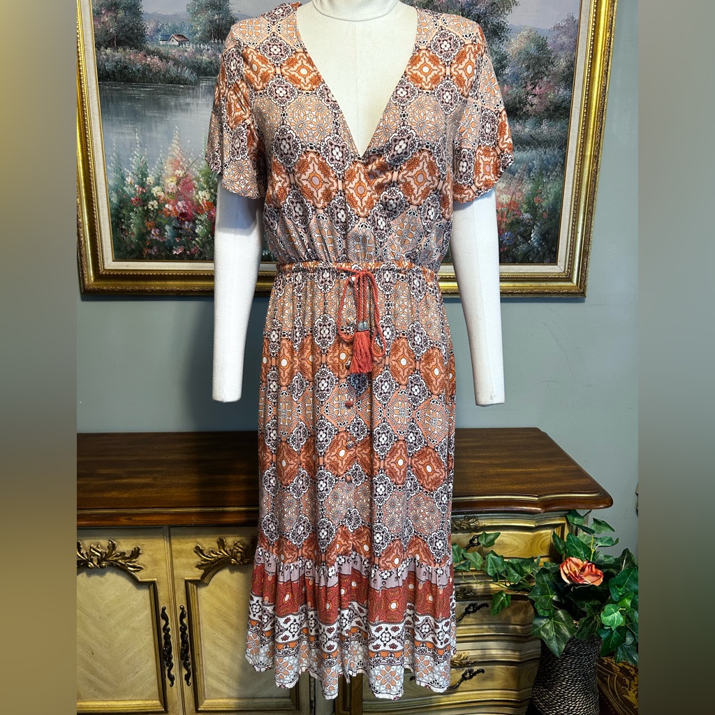 Minkpink Orange Peach White Tassel Tie Front Floral Boho Short Sleeve Dress
